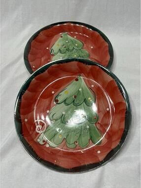 2 Vintage Stoneware Hand Painted Studio 33 Holiday Christmas Tree Bowls
